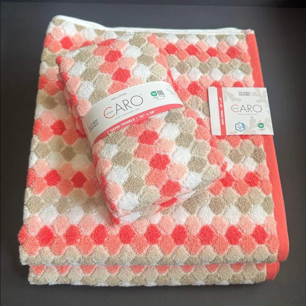 4pc CARO HOME 100% Cotton Geometric Pattern Bath Towel Set - Highly Absorbent